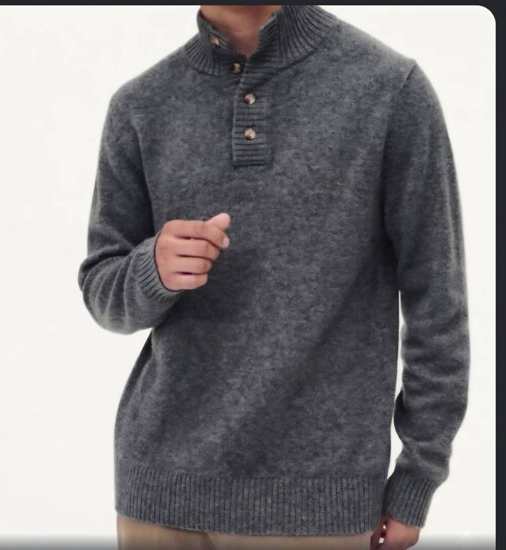 Naadam Sweater Men's Medium Grey Cashmino Cashmere Wool Button Mock Neck
